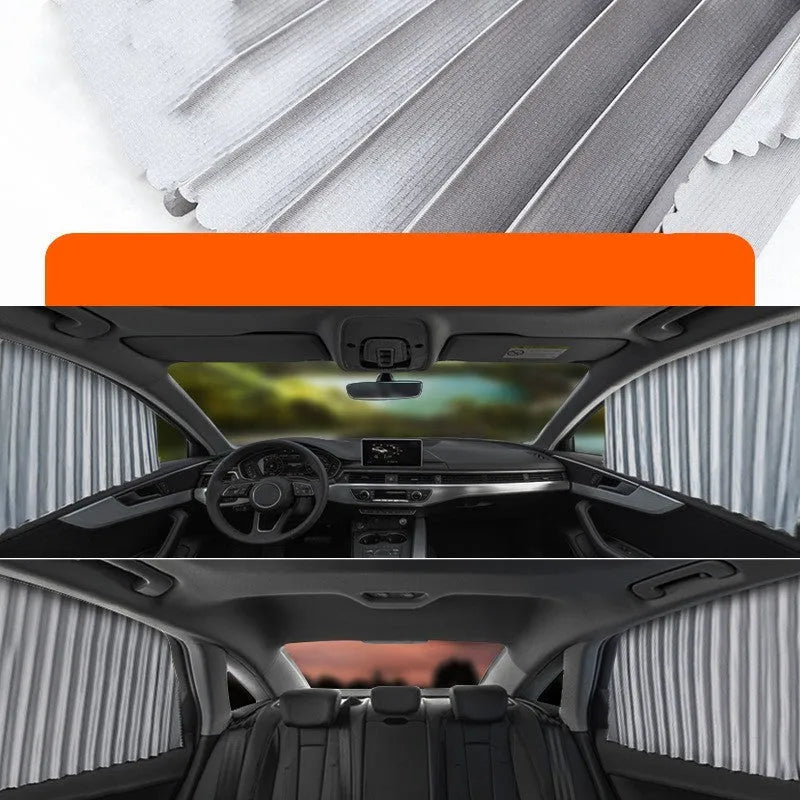 Retractable car sun curtain extended across windscreen with roller shutter mechanism visible.