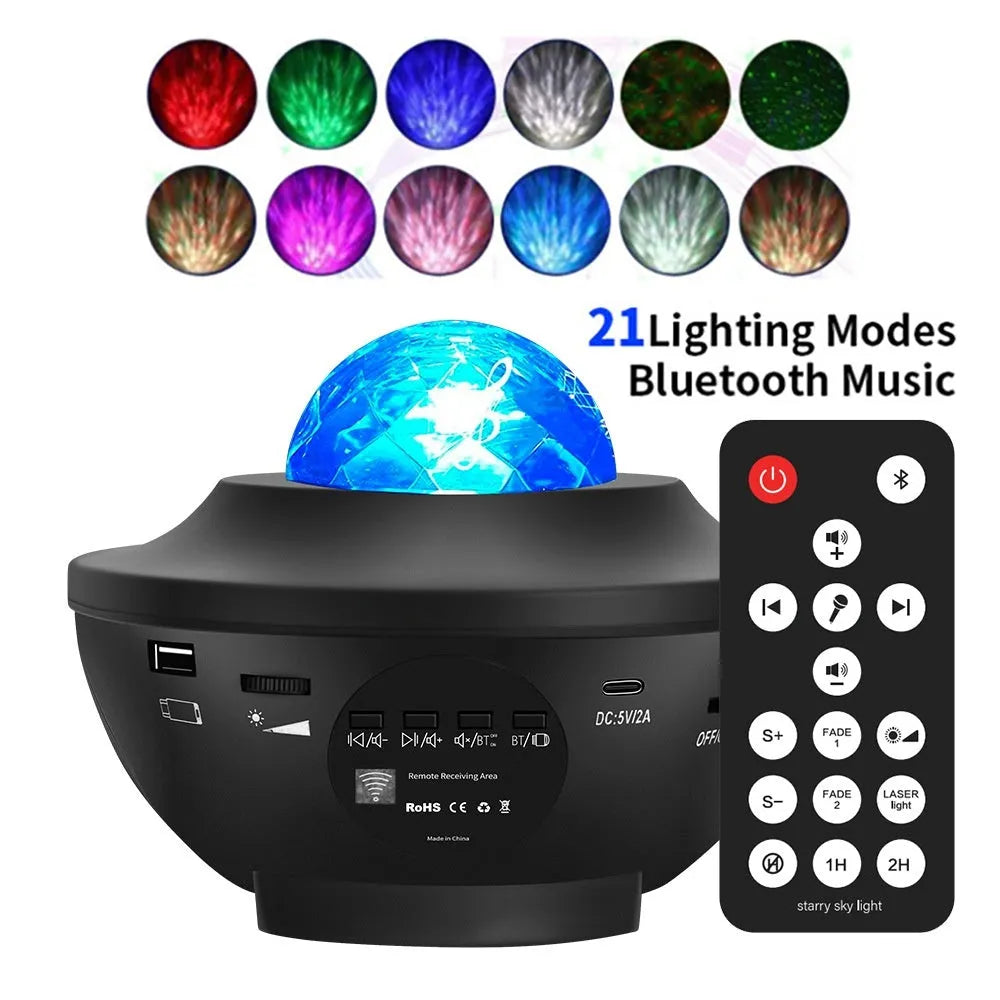 Black parallel-style starry sky projection lamp with rotating celestial patterns and water ripple laser effects