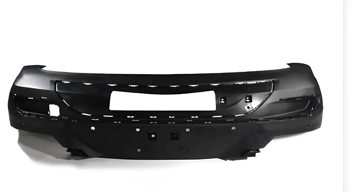 Black ABS plastic replacement vehicle bumper for front-end body repair.