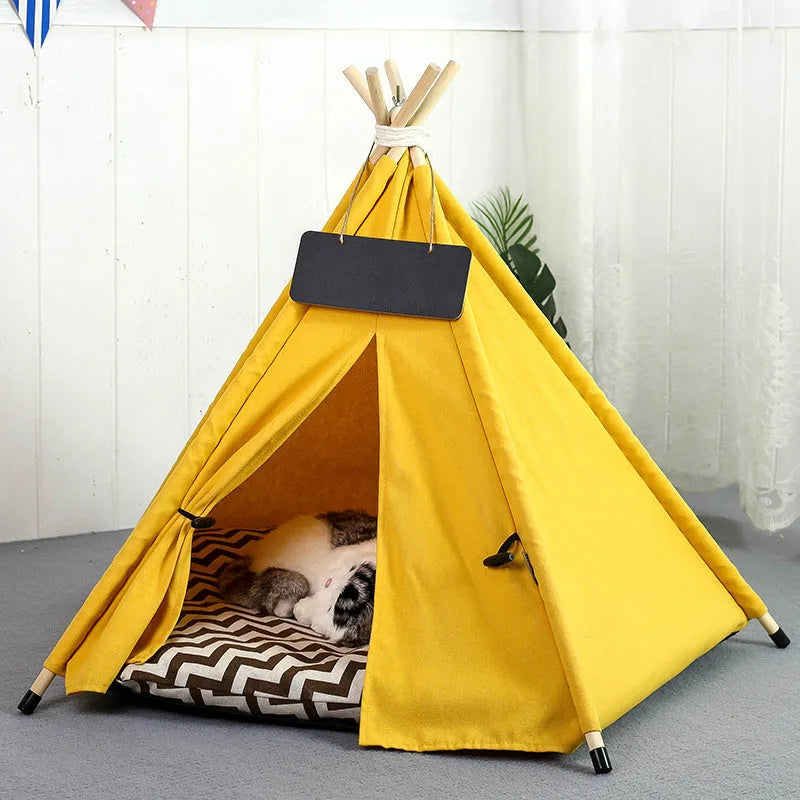 Pet teepee tent with striped pattern and removable cushion for small dogs and cats
