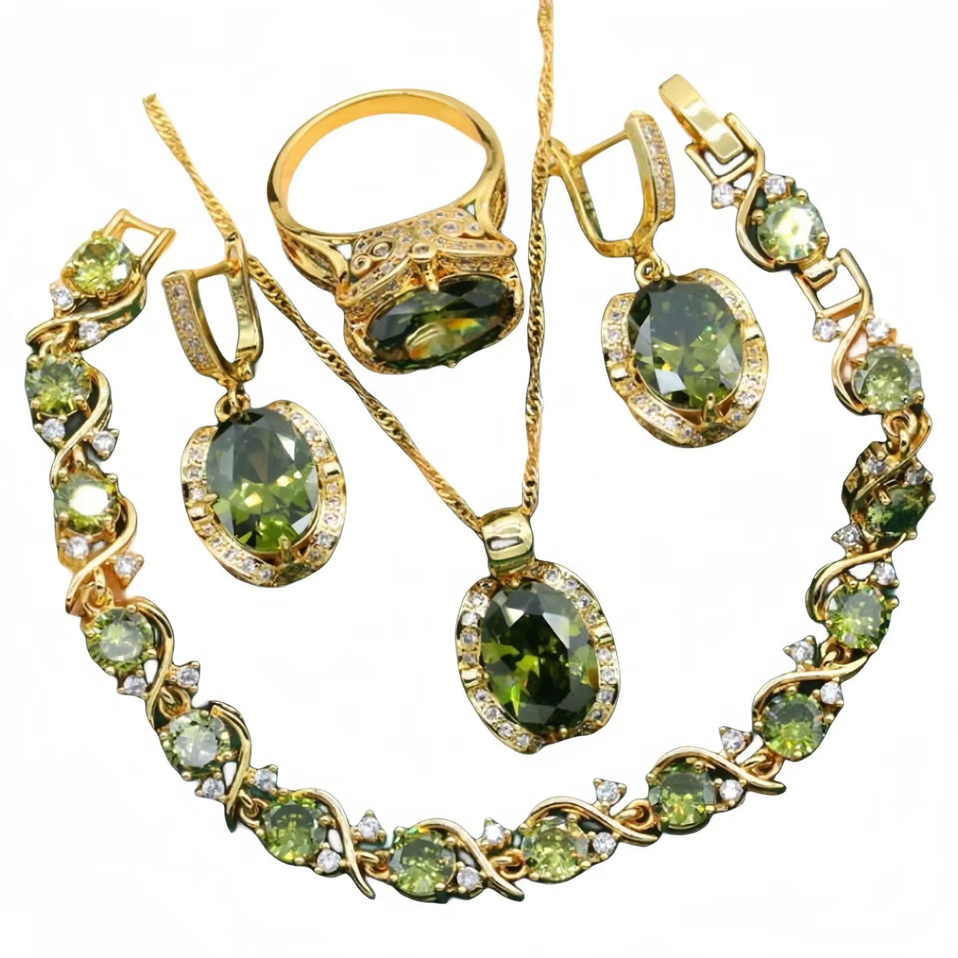 Olive green zircon stone jewellery set with cross, crown, and roman numerals pendant on a snake bones chain, plus matching earrings and ring.