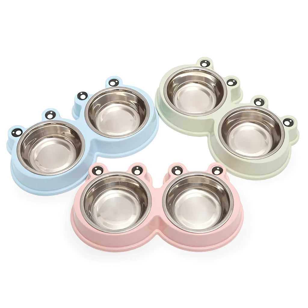 Blue stainless steel one-piece double bowl for pet food and water.