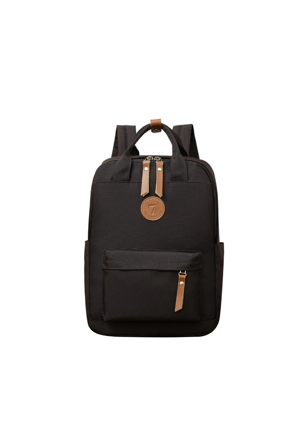 Black Oxford cloth backpack with curved shoulder straps and retro sewing thread detailing