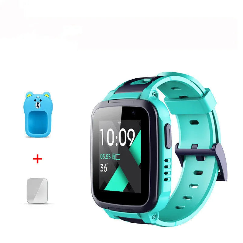 360 SE5 blue children's waterproof phone watch with stainless steel wristband on a wrist.
