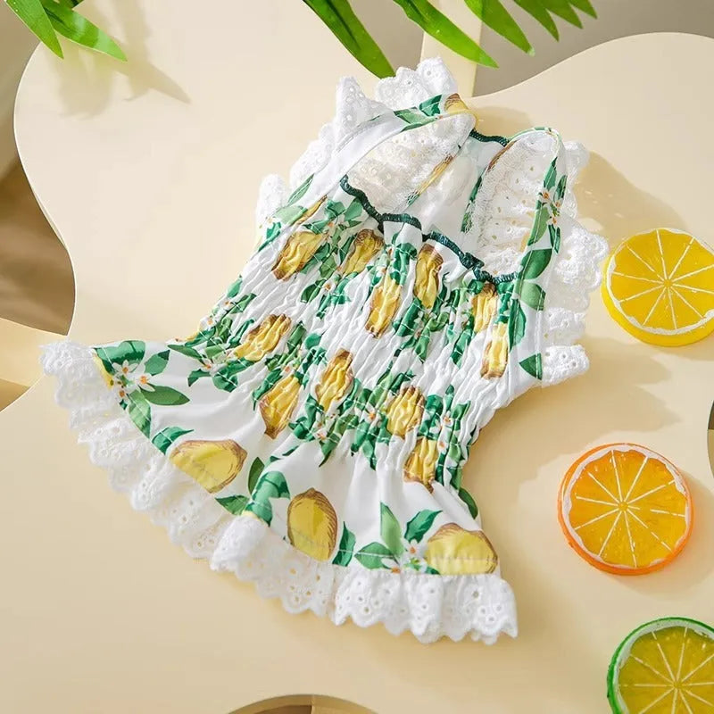 Rock yellow lemon princess-style dog dress skirt with thin straps, made from breathable polyester fabric.