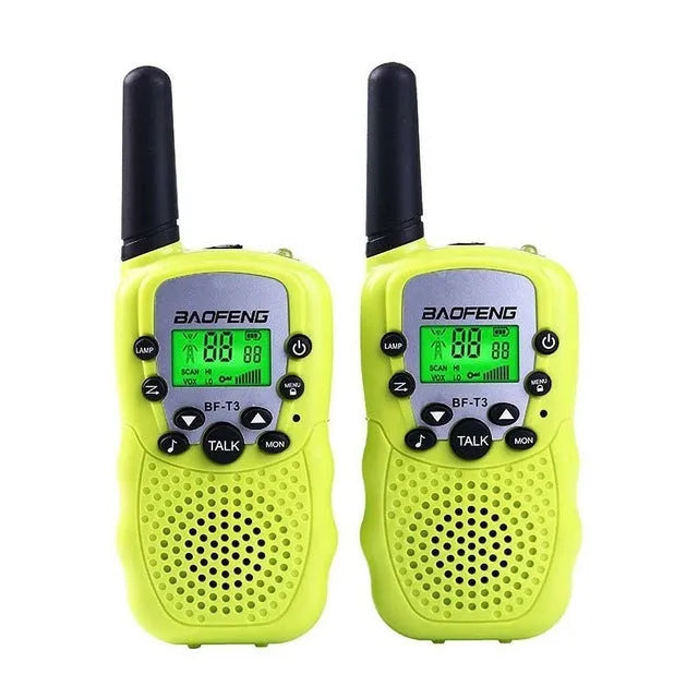 Children's walkie talkie set in various colours showing handheld design with antenna and channel selector