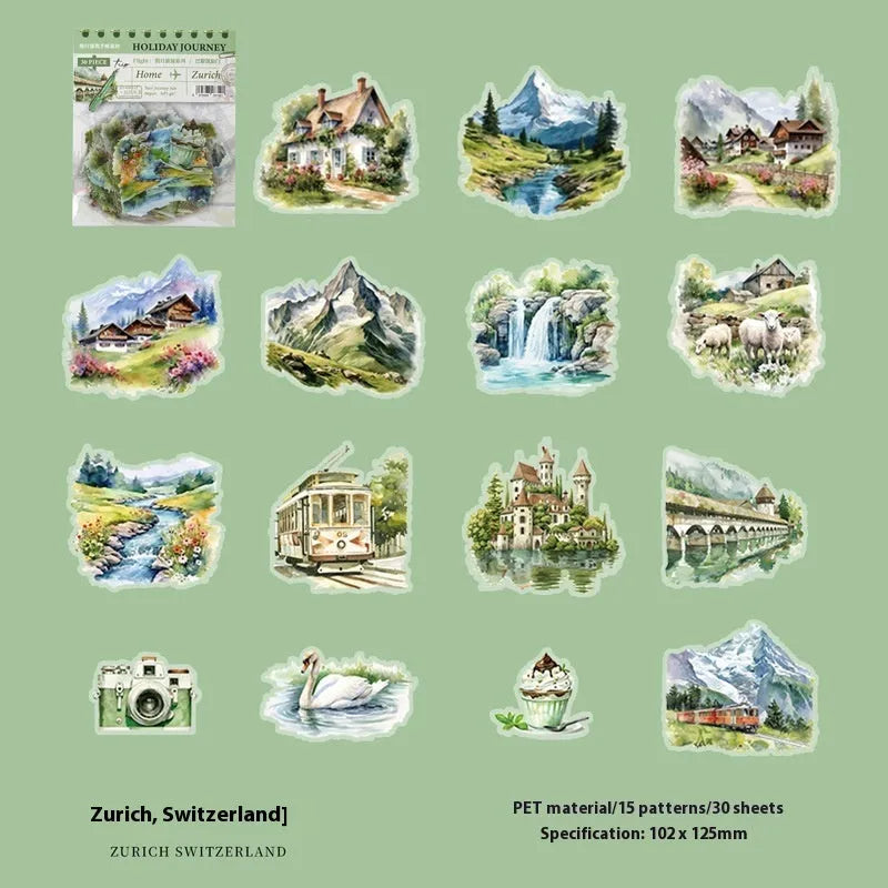 Holiday Journey Series architecture journal stickers with retro illustrations of seven famous landmarks