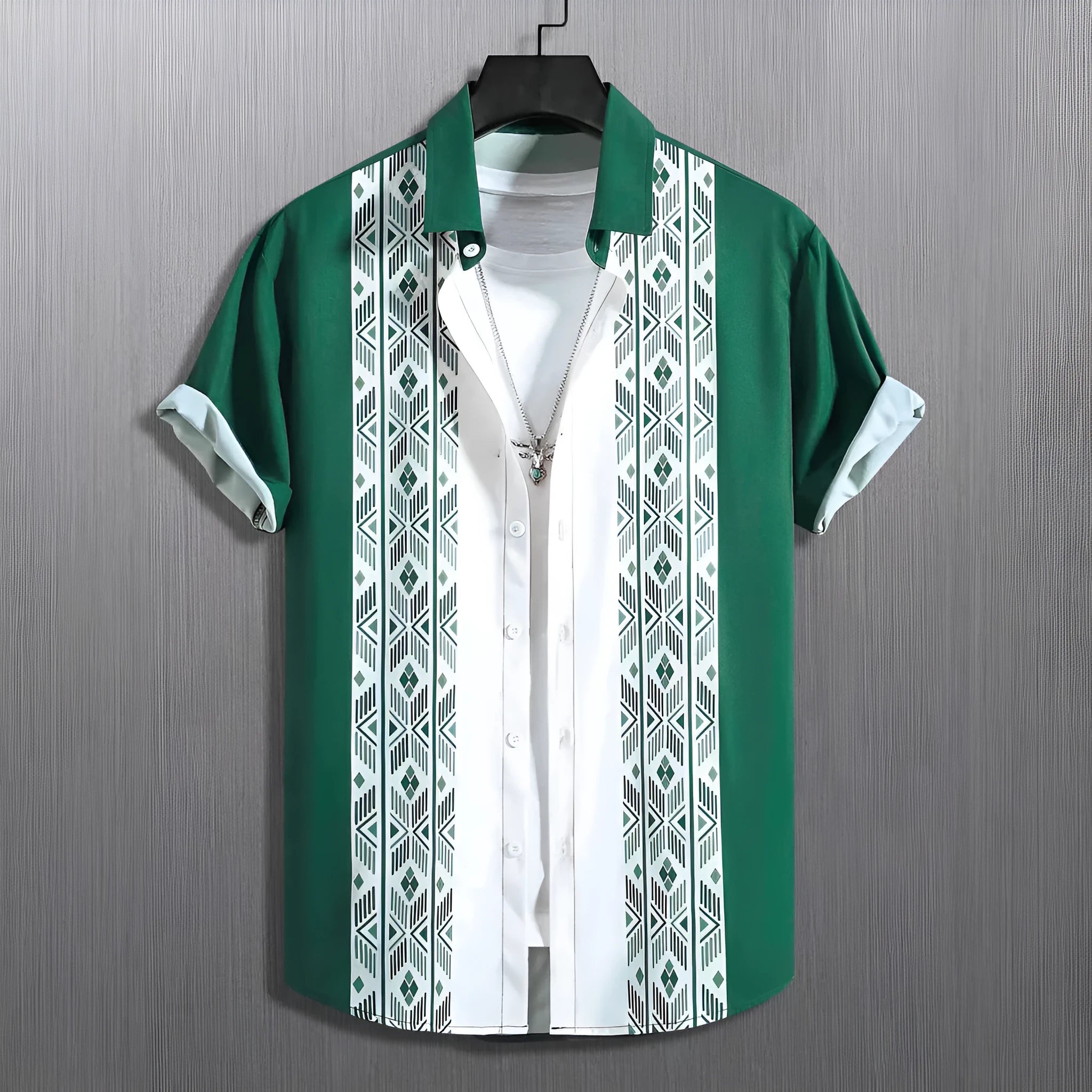 Men's loose-fitting plaid short sleeve shirt with lapel collar in contrast colours