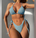 Women's high waist bikini with lace-up sides in khaki colour, showing top and shorts.