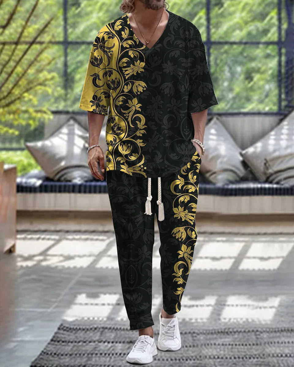 Man wearing a thin polyester V-neck trousers suit with cropped sleeves, available in multiple colours and sizes up to 6XL.