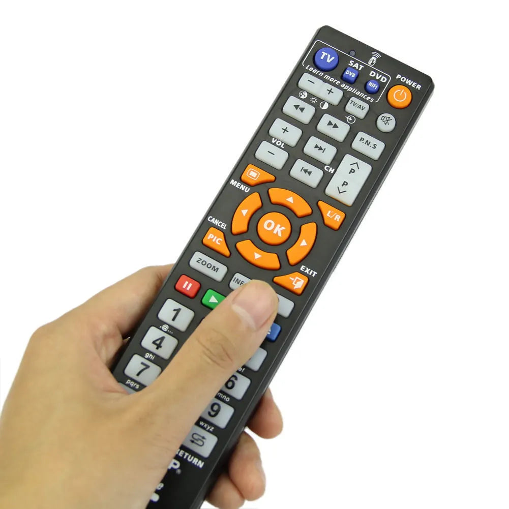 Black L336 learning remote control with full button layout for audio equipment programming