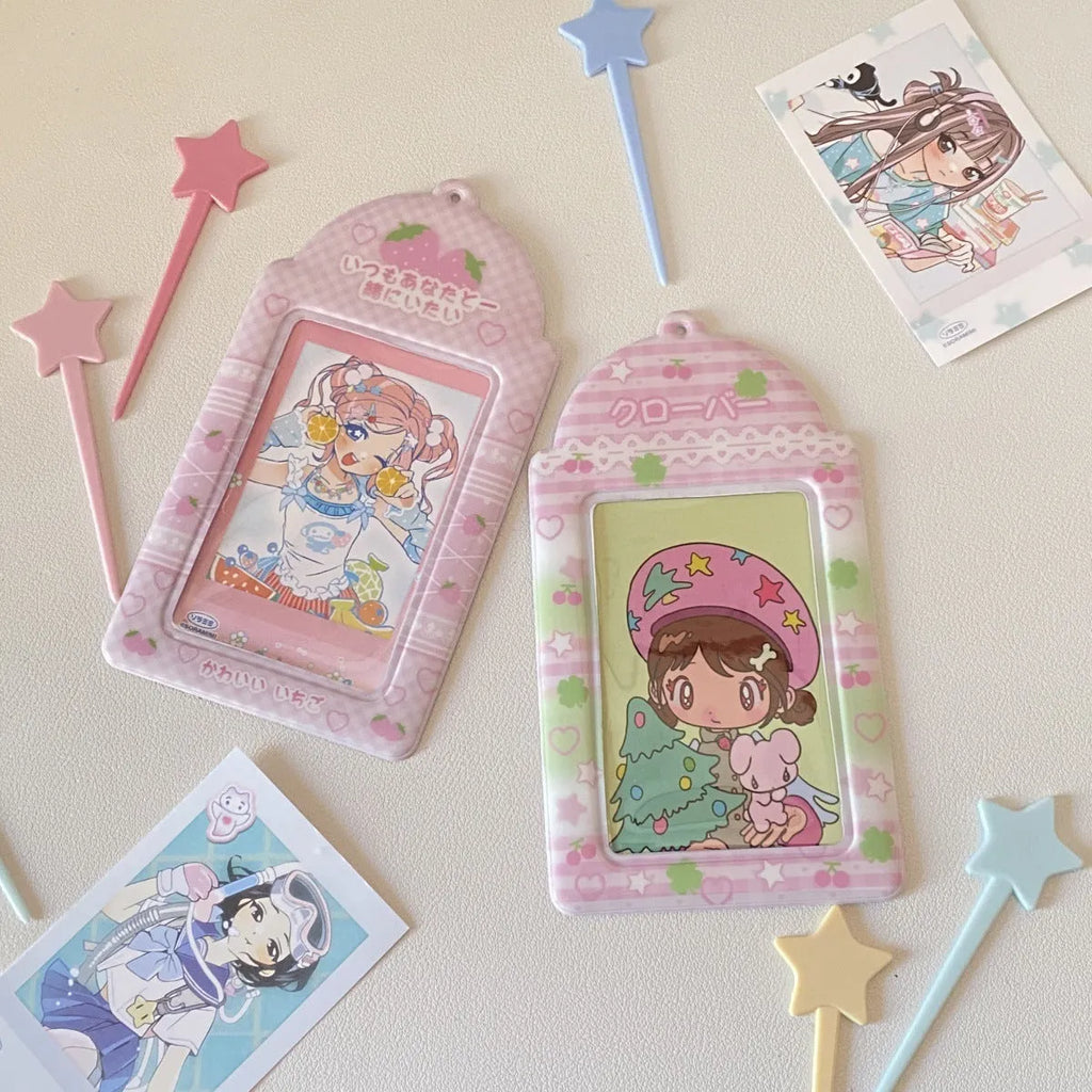 PVC plastic meal card holder pendant in strawberry and four-leaf clover cartoon designs.