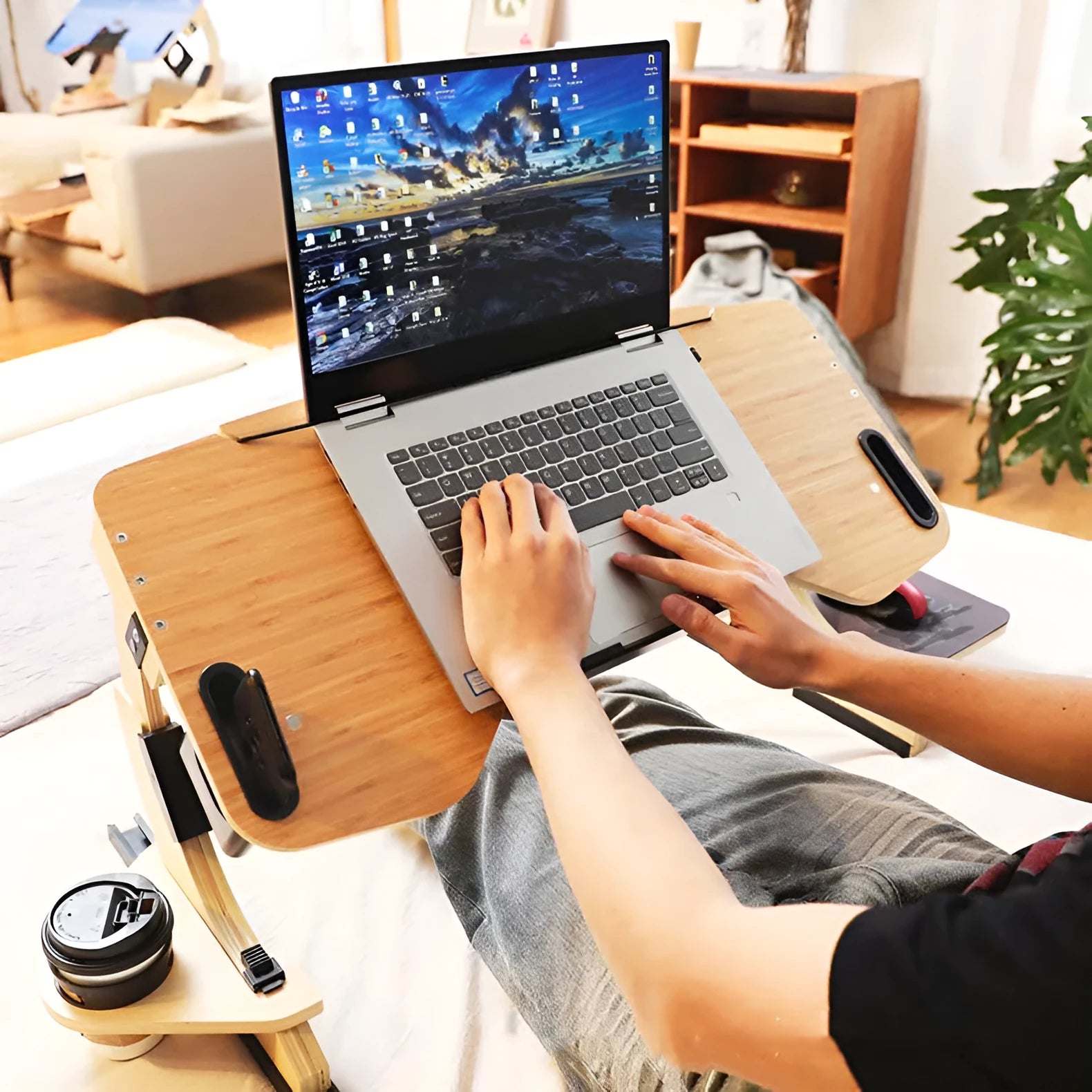 Wooden folding adjustable angle computer table on a bed in a choice of four colours