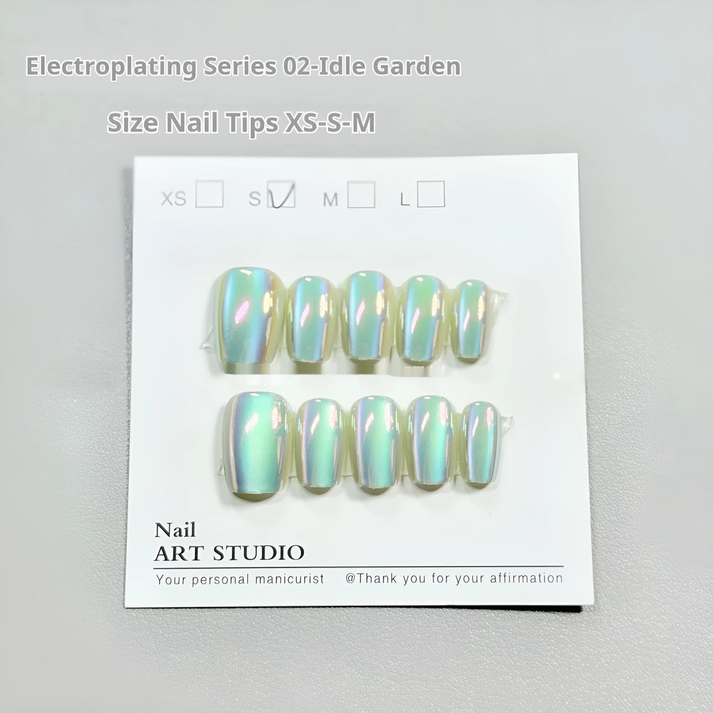 Electroplated Cat's Eye false nail set showing short ladder sizing in XS, S and M sizes with multiple finish options