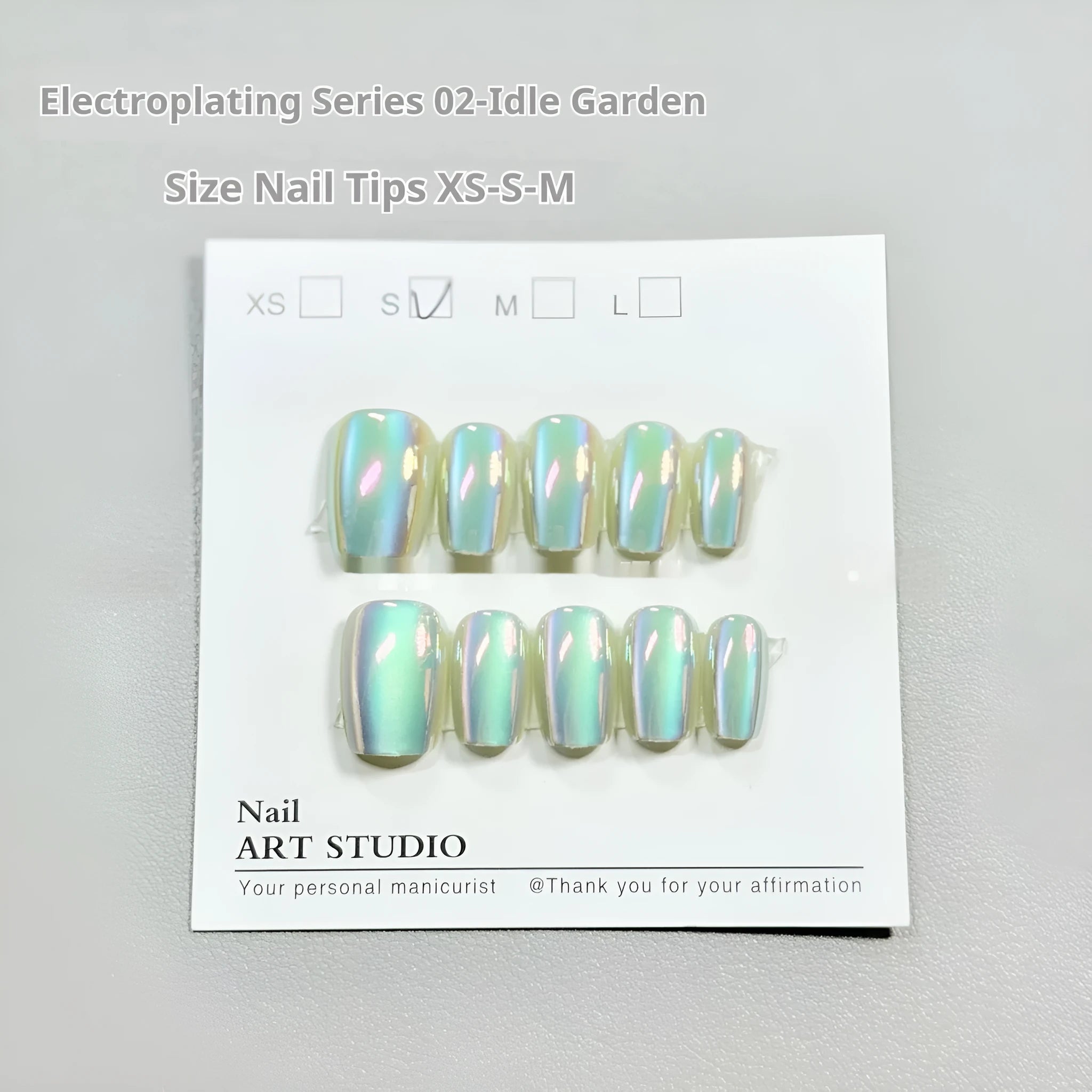 Electroplated Cat's Eye false nail set showing short ladder sizing in XS, S and M sizes with multiple finish options