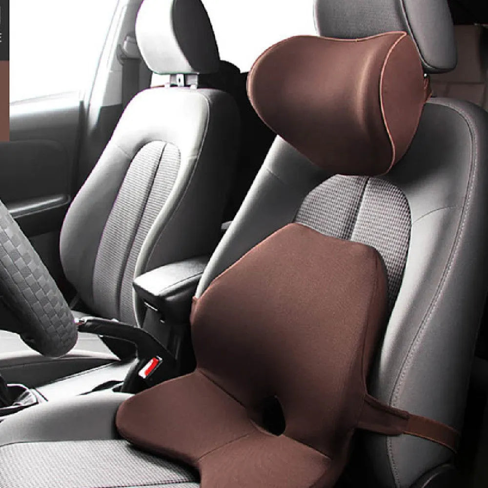 Car waist support pad with memory foam cushioning and adjustable straps shown in beige colour option