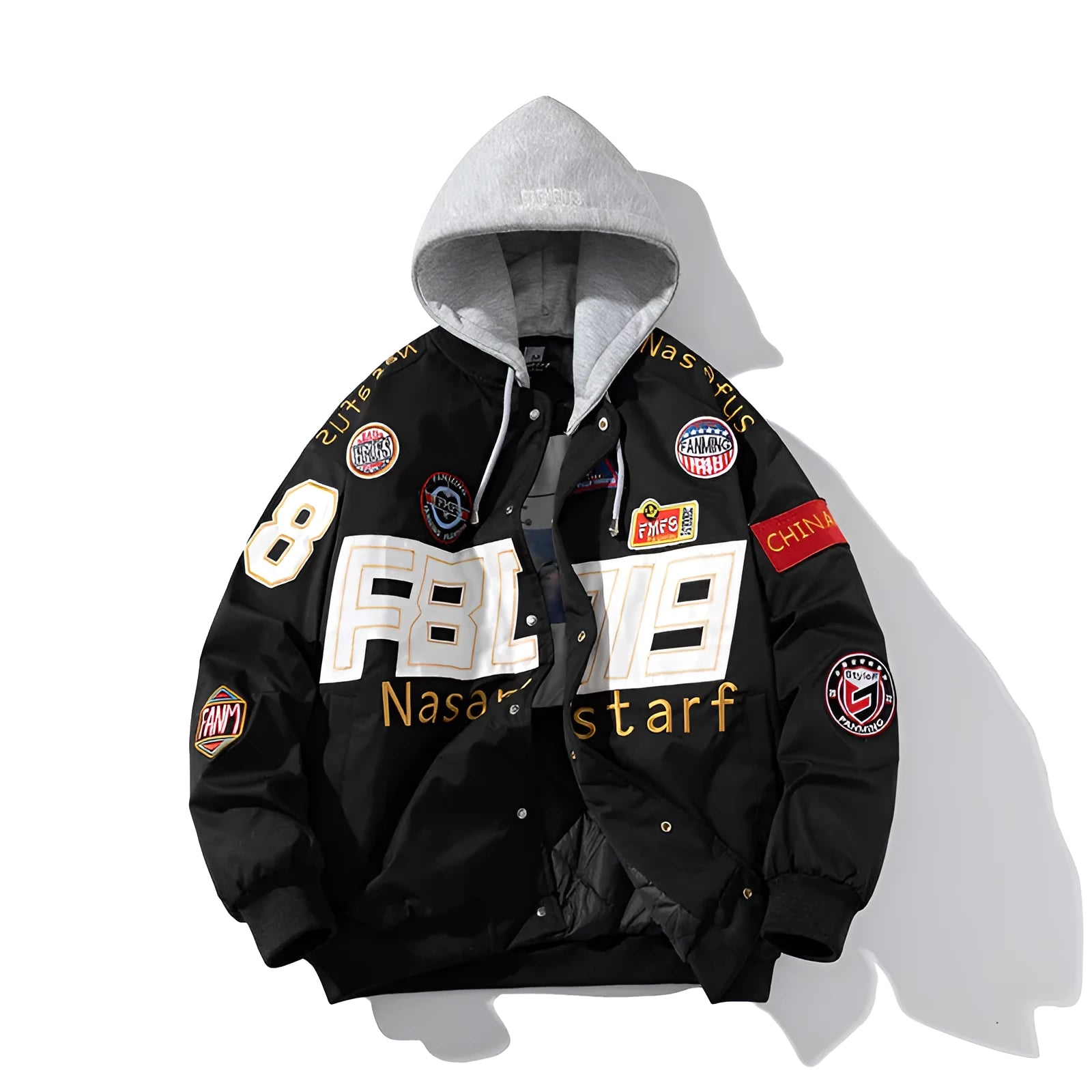 Motorcycle baseball uniform in black with removable hooded cap and side seam pockets