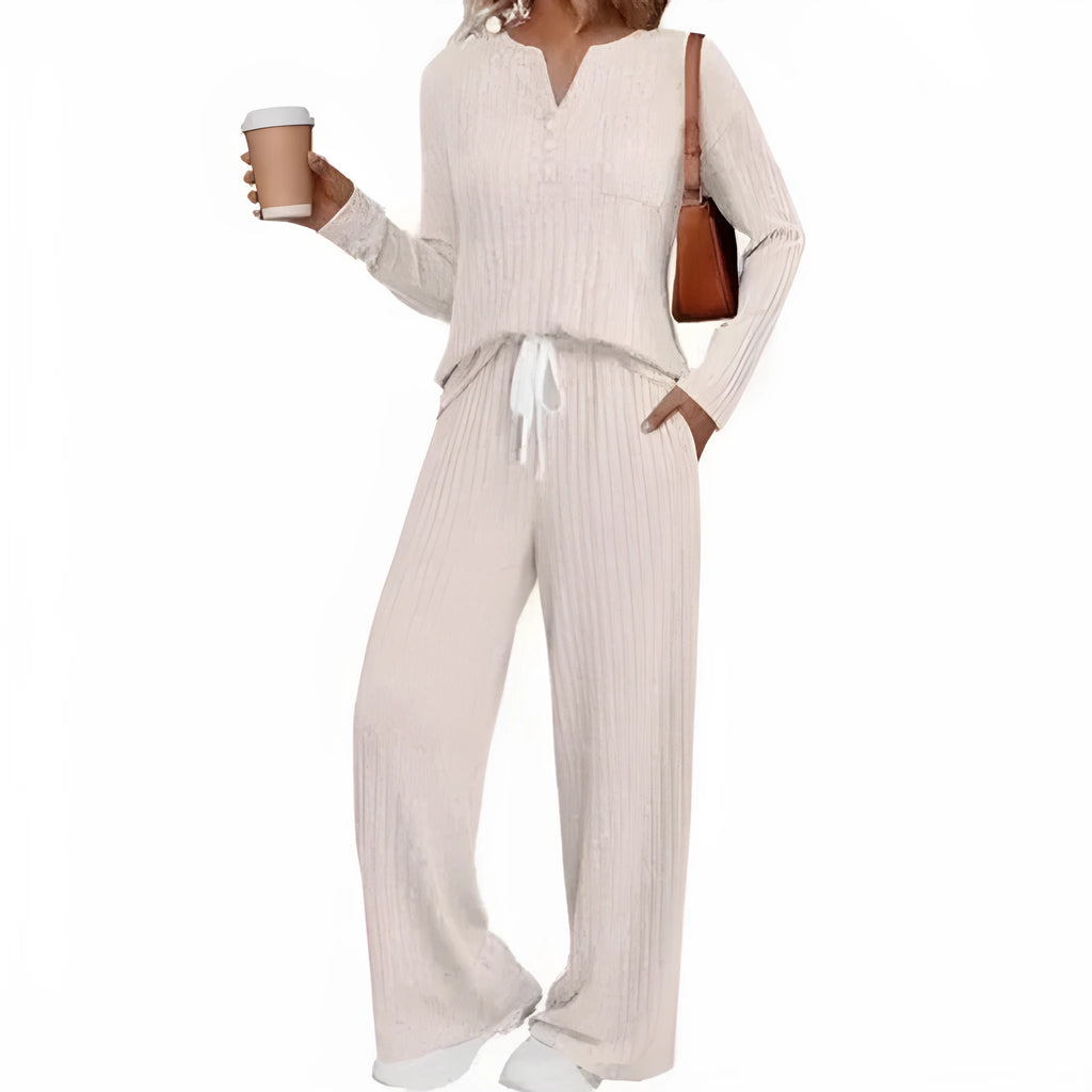 Women's V-neck striped knit long coat with lace-up details and matching pants in light grey colour