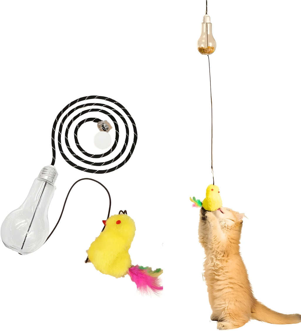 Grey and yellow retractable cat teaser toy hanging on door frame with treat bulb and dangling mouse