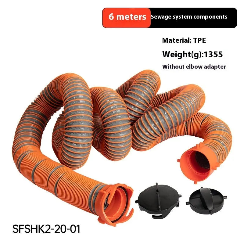 90-degree rotary elbow joint for sewage hose, shown in PP and TPE material options for motorhome waste.