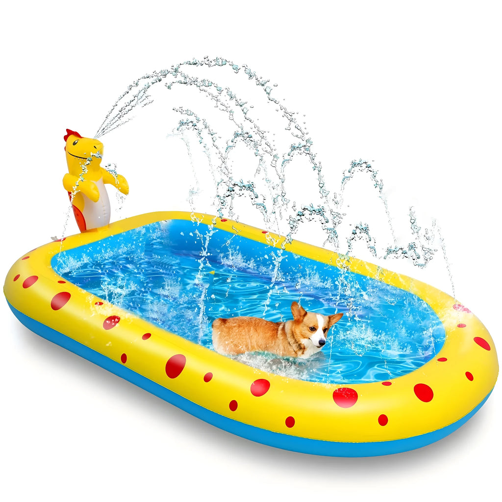 Blue dinosaur-shaped inflatable water spray pool for kids outdoor play