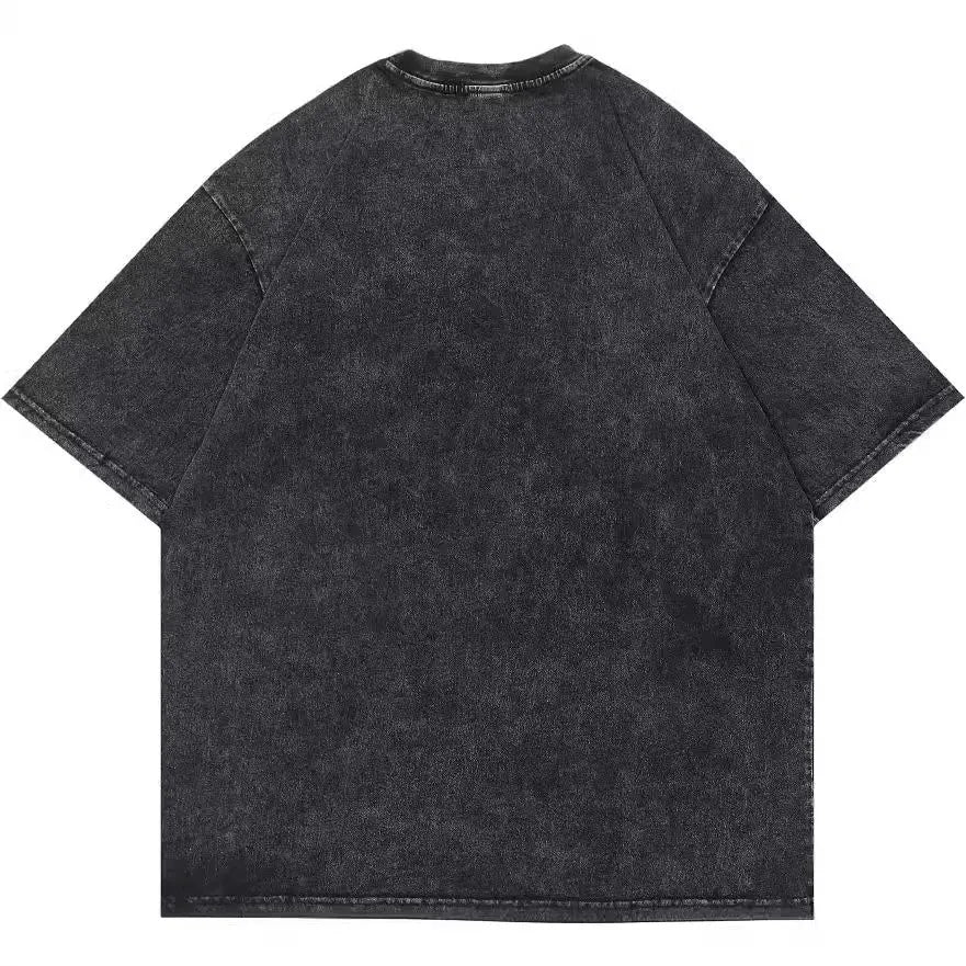 Men's loose fit cotton t-shirt with cartoon digital print in washed black, short sleeve casual top