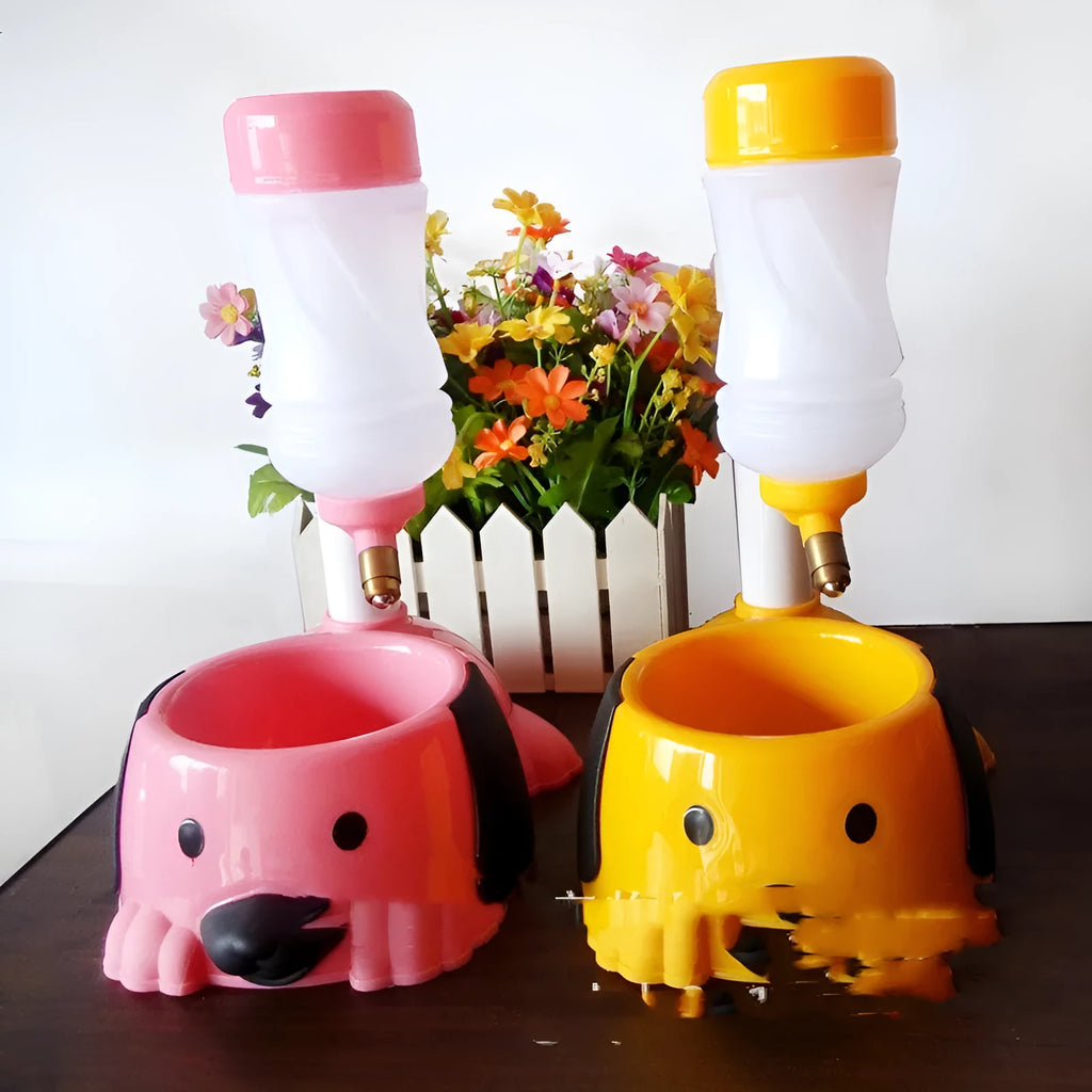 Adjustable height pet drinking bowl with rod lifting mechanism in pink, blue, or yellow colours