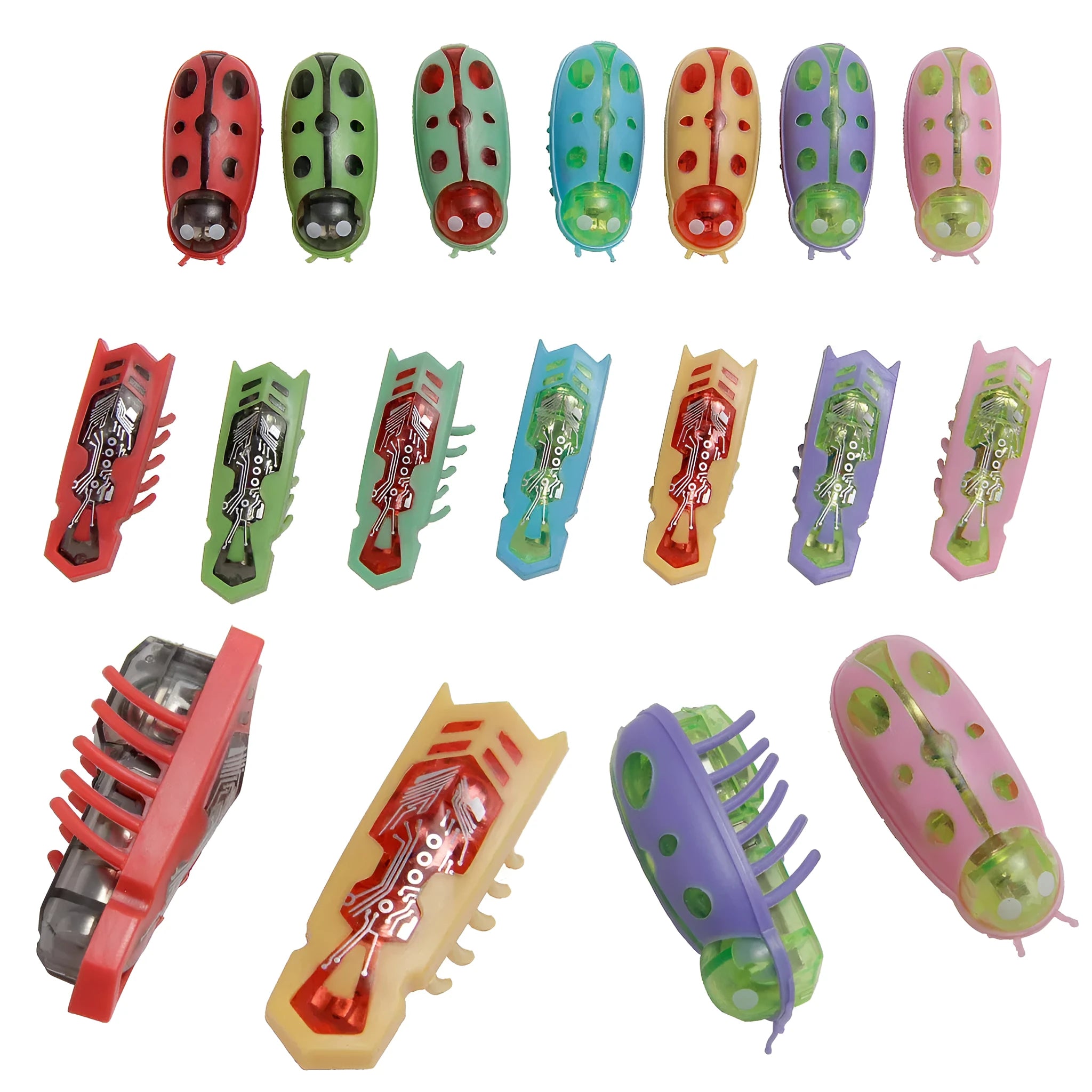 Small red ladybird-shaped electric cat toy with multiple legs on a hardwood floor