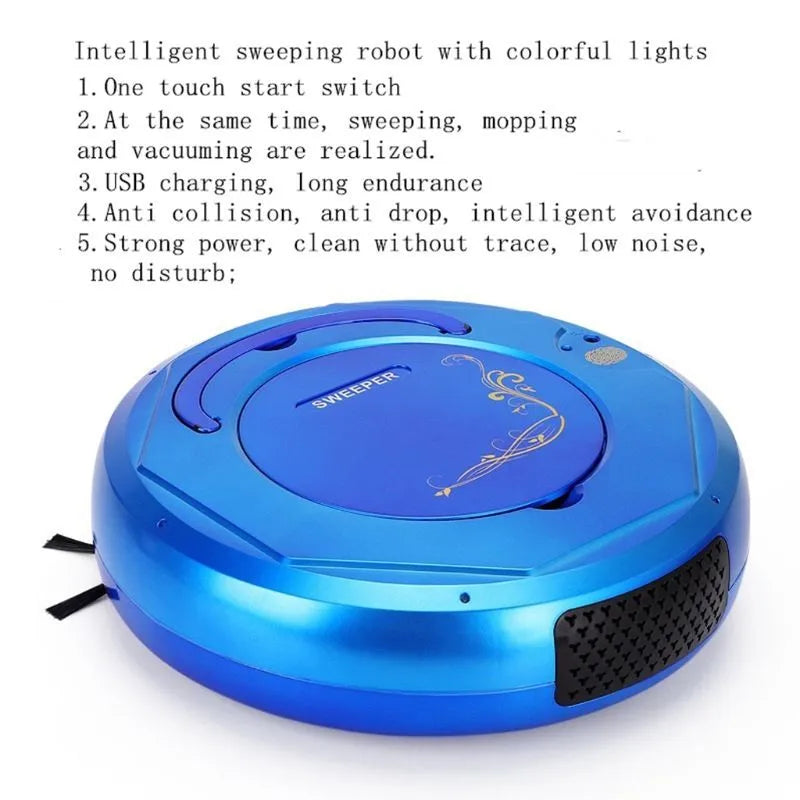 Blue robot vacuum cleaner for automated floor sweeping on tile and wooden flooring