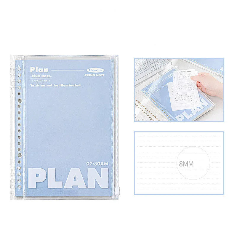 A5 PVC notebook storage organiser in blue colour showing dimensions of 148mm by 210mm