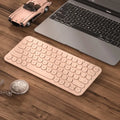 Mute ultra-thin wireless keyboard and mouse set in pink on a desk with USB receiver.