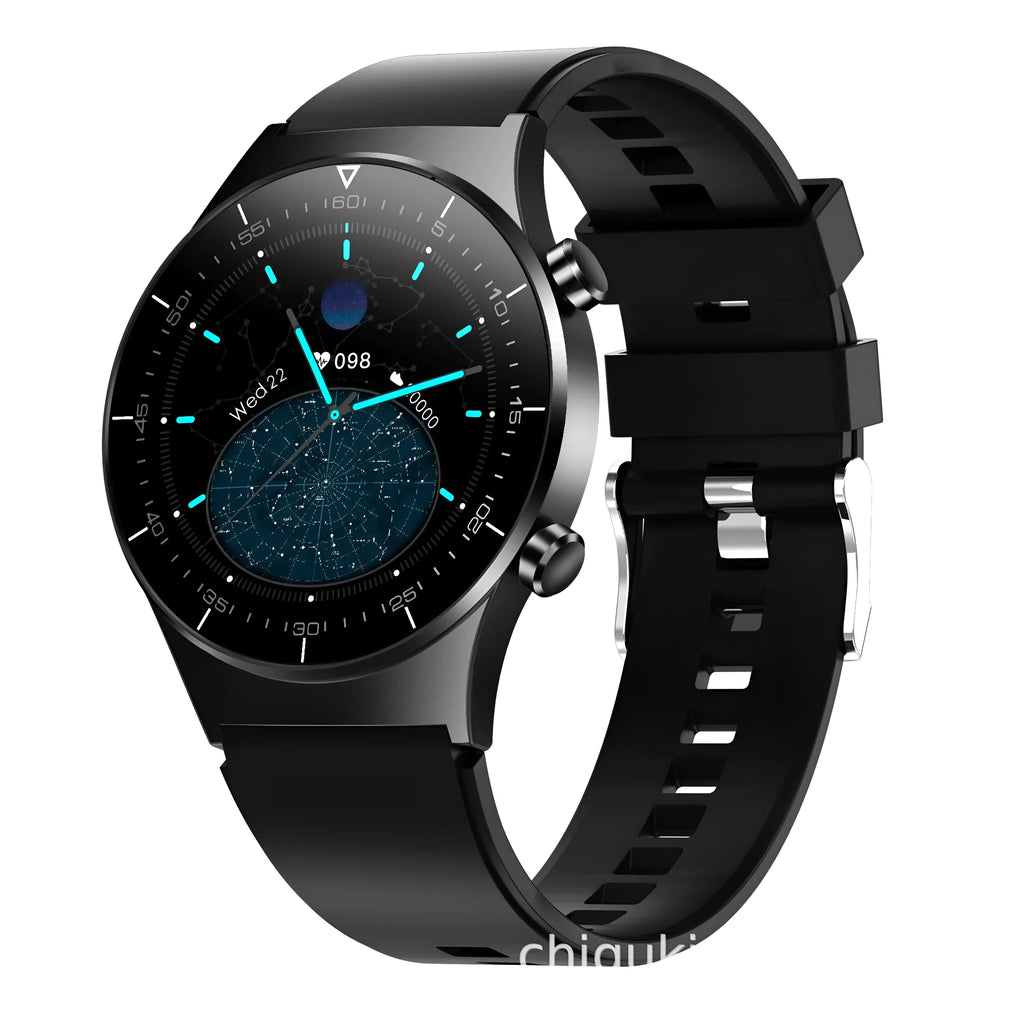 Black smart watch with glass touchscreen displaying heart rate on wrist