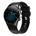 Black smart watch with glass touchscreen displaying heart rate on wrist