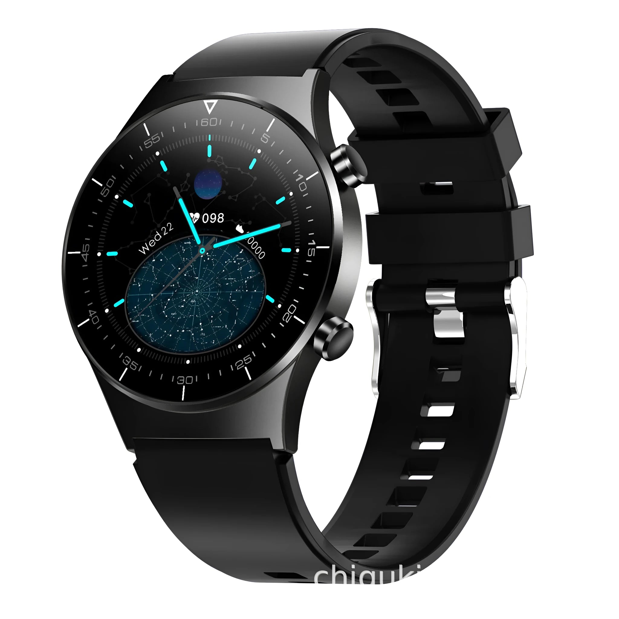 Black smart watch with glass touchscreen displaying heart rate on wrist