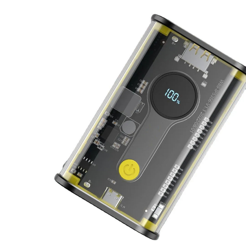 Transparent industrial power bank showing internal aluminium battery case with 10000mAh capacity and multiple USB ports