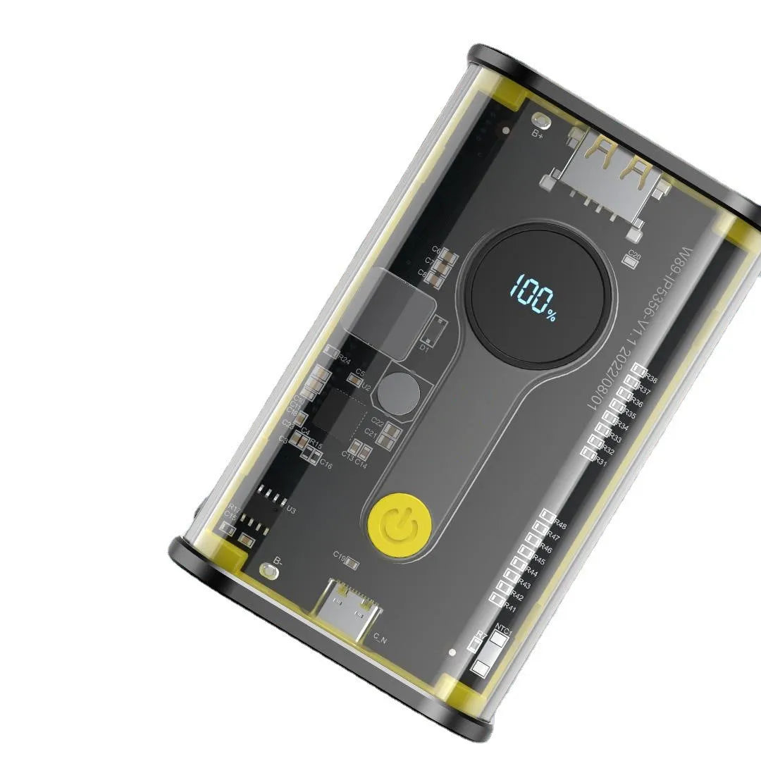 Transparent industrial power bank showing internal aluminium battery case with 10000mAh capacity and multiple USB ports