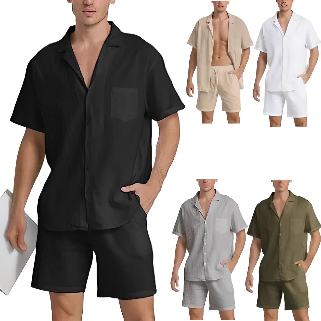 Men's summer sports shorts suit in cotton linen blend showing short-sleeved top and matching shorts