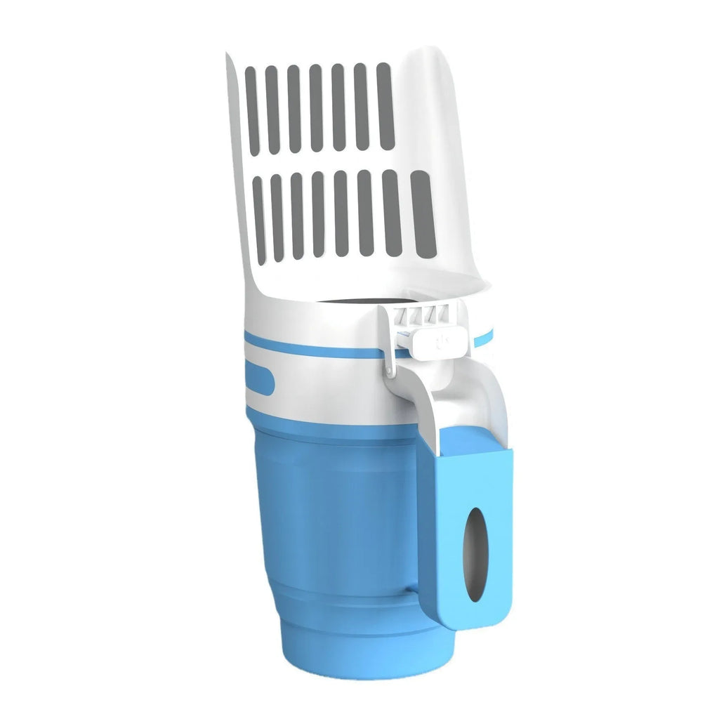 Grey cat litter scoop attached to a lidded waste bin with a foldable bottom and non-slip handle.