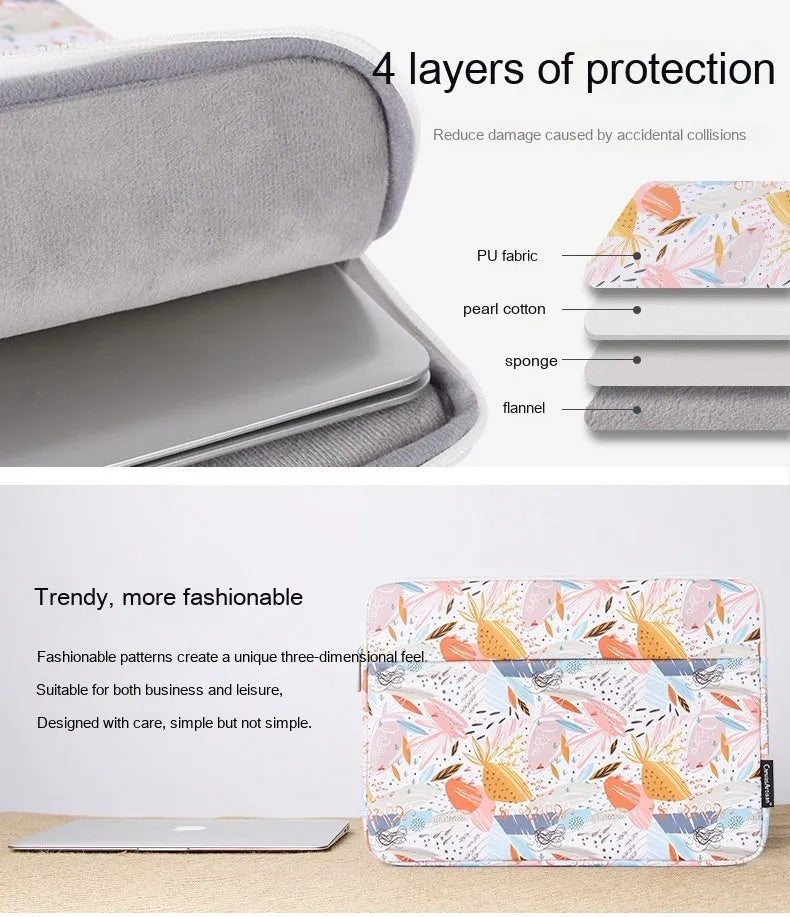 White waterproof PU leather laptop inner sleeve for 14 inch computers, shown with size options.