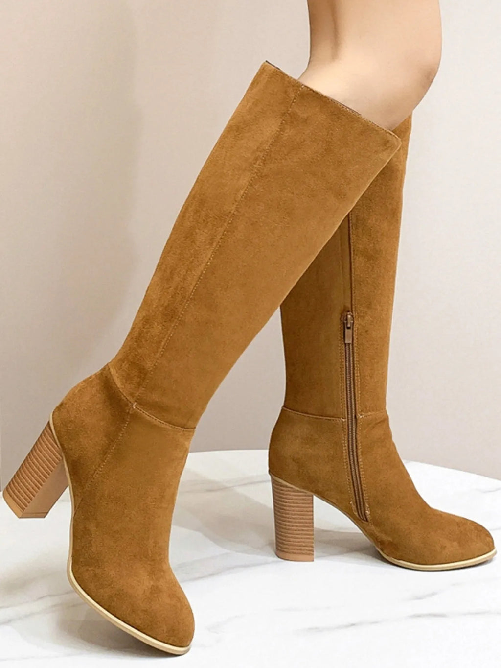 Black square toe high heel fashion boot for women made from artificial PU leather