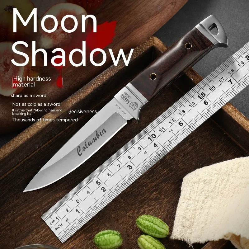 Camping portable fruit knife with stainless steel blade in a national style leather case.