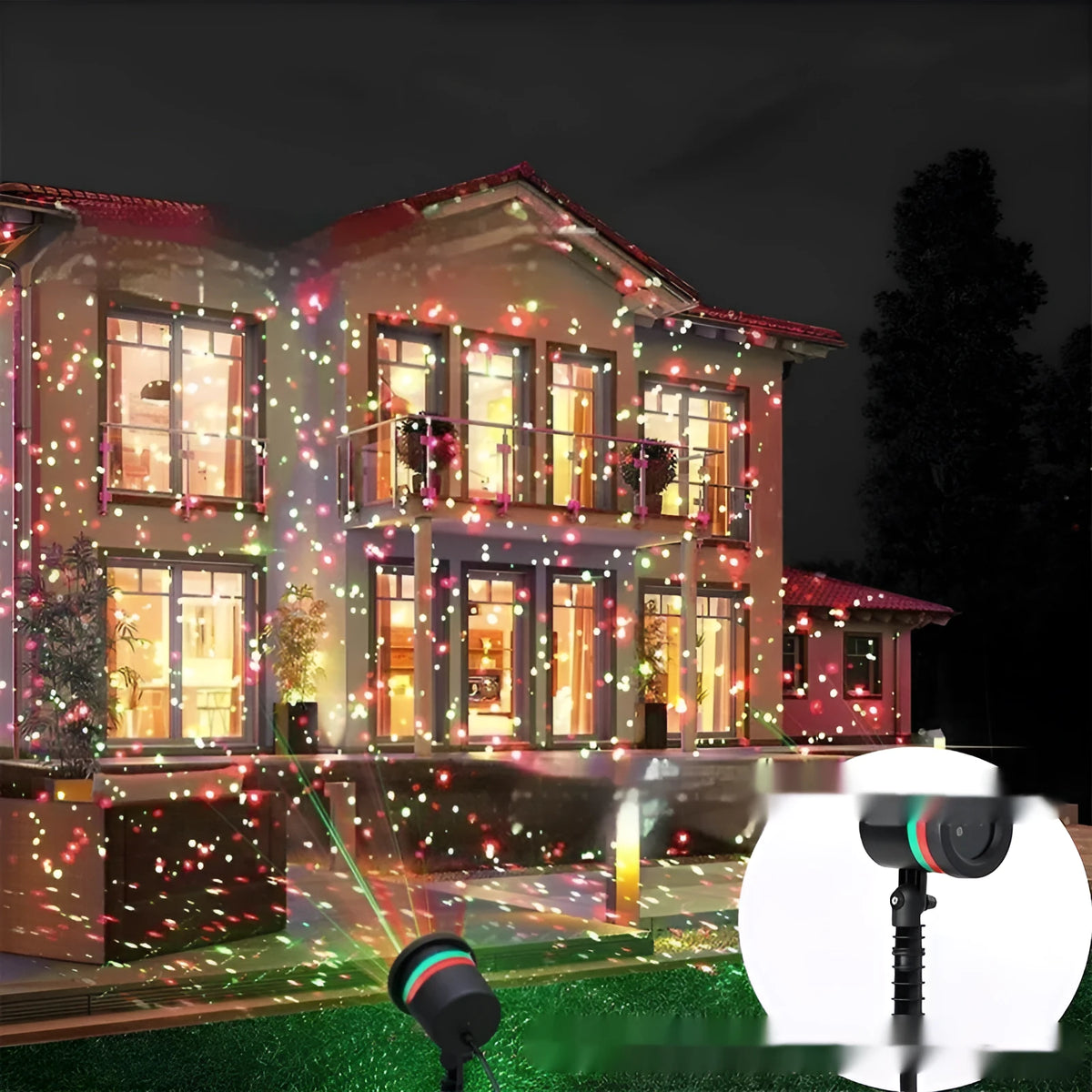 Christmas projection lamp with starry laser effect, IP44 rating, plastic housing, for outdoor courtyard and garden use.