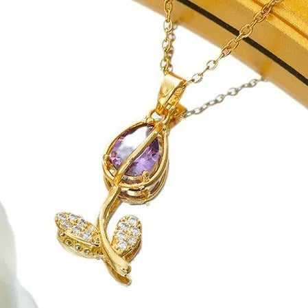 Zircon tulip necklace for women with electroplated gold-tone finish on titanium steel chain
