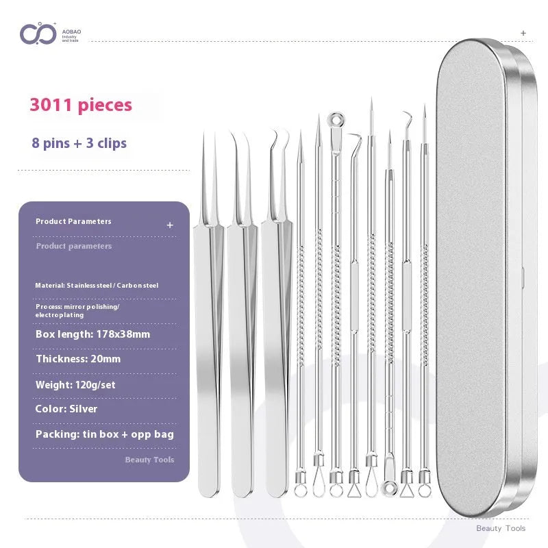 Four silver metal acne needles with fine points held together by a metal clip.