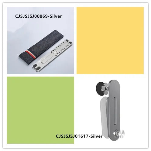 Aluminum alloy laptop stand in silver colour, folded to show its slim profile next to a 15-inch laptop.