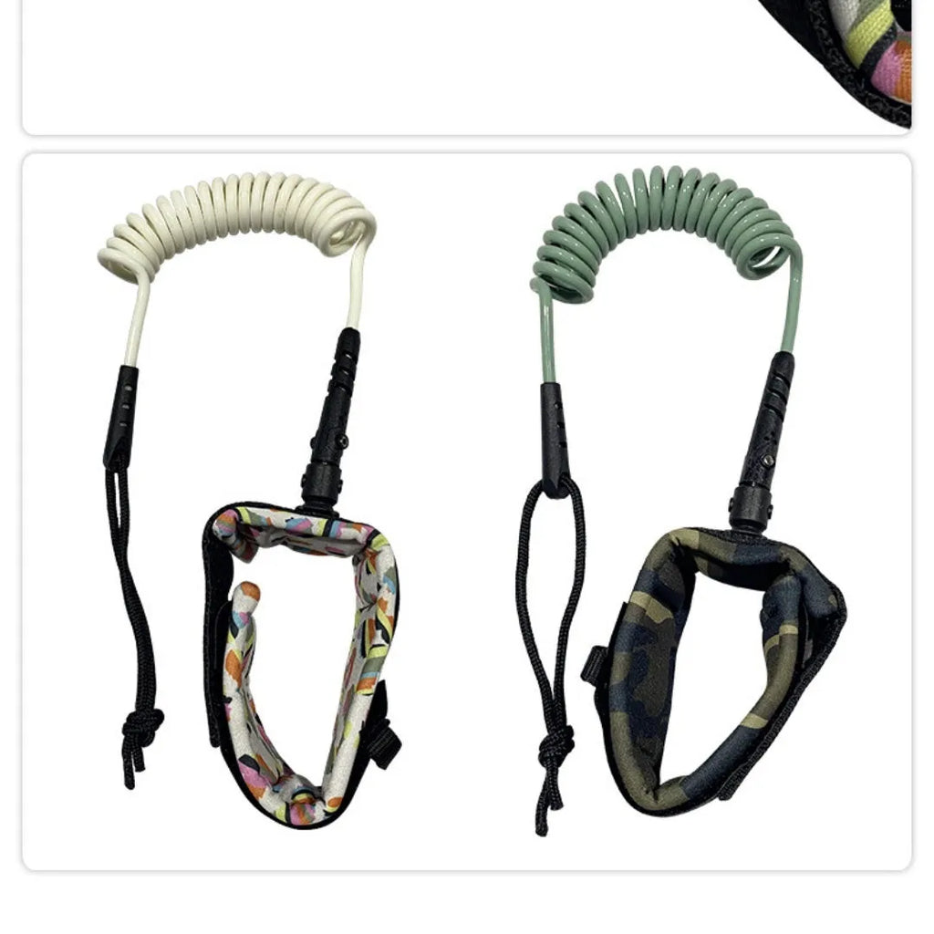 Surfboard hand holding rope showing elastic construction and connection hardware