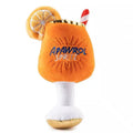Yellow beer bottle cup shaped plush dog toy with squeaker for interactive chewing and teeth cleaning
