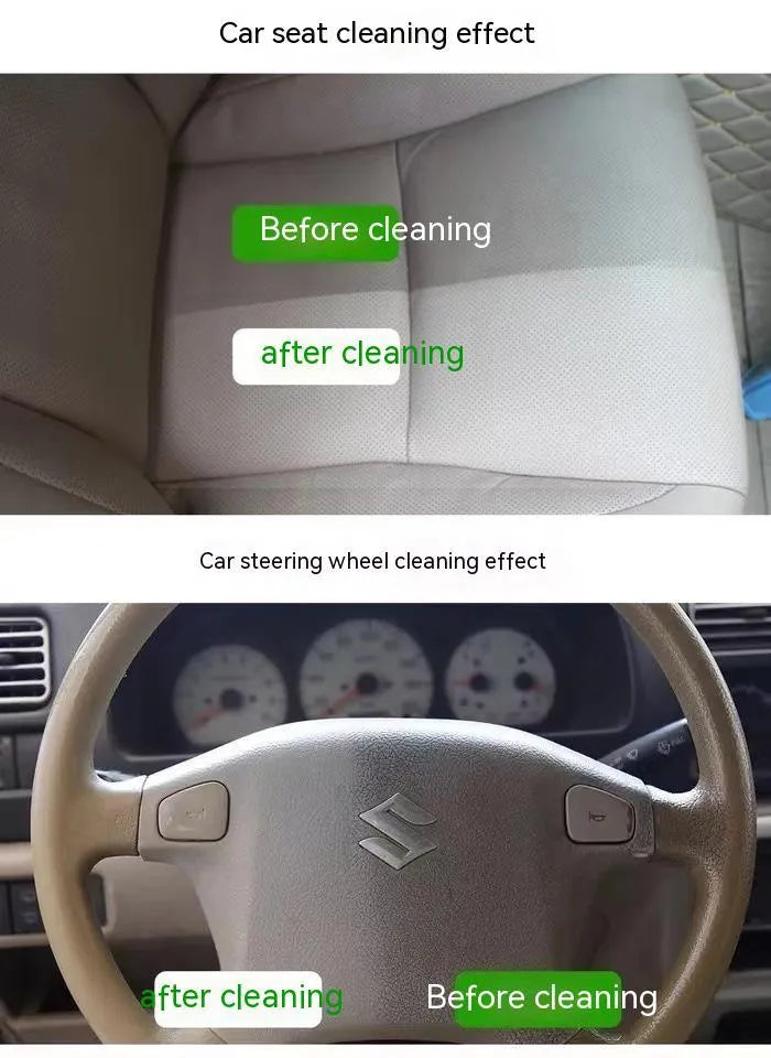Wash-free fabric roof foam cleaner bottle with microfibre towel and sponge wipes for car interior cleaning.