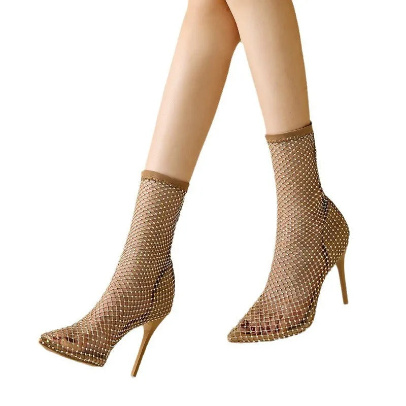 Gold women's high heel sandals with mesh upper and pointed stiletto design