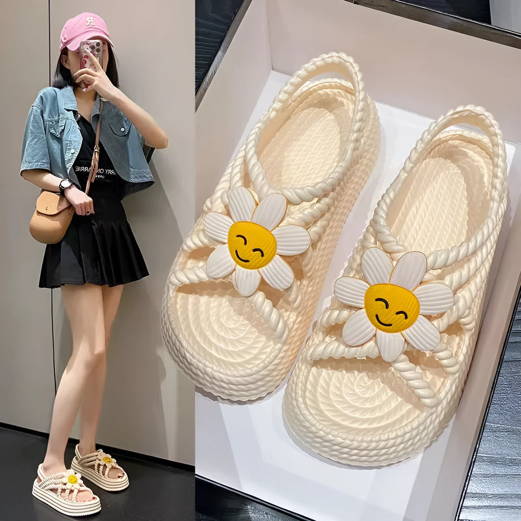 PVC flower sandals with round toe and non-slip sole in beige or black with sunflower design